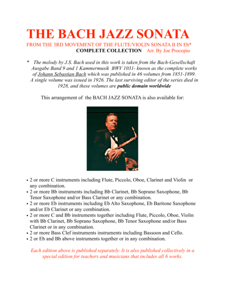 The Bach Jazz Sonata From The 3rd Movement Of The Flute Violin Sonata Ii In Eb Complete Collection Arr By Joe Procopio Sheet Music