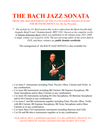 Free Sheet Music The Bach Jazz Sonata From The 3rd Movement Of The Flute Violin Sonata Ii In Eb For Bb Instruments Arr By Joe Procopio