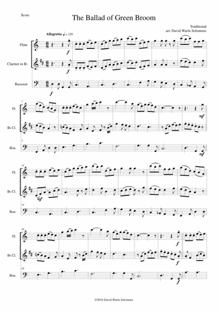 The Ballad Of Green Broom For Wind Trio Flute Clarinet And Bassoon Sheet Music