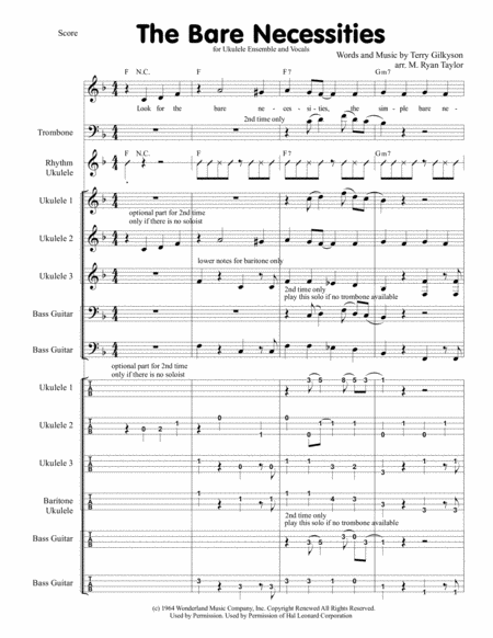 The Bare Necessities From The Jungle Book For Ukulele Ensemble Vocals Optional Trombone Solo Sheet Music