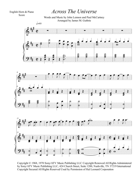 The Beatles Across The Universe For English Horn Piano Sheet Music