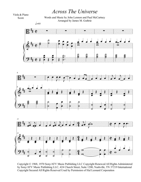 The Beatles Across The Universe For Viola Piano Sheet Music