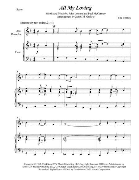 The Beatles All My Loving For Alto Recorder Piano Sheet Music