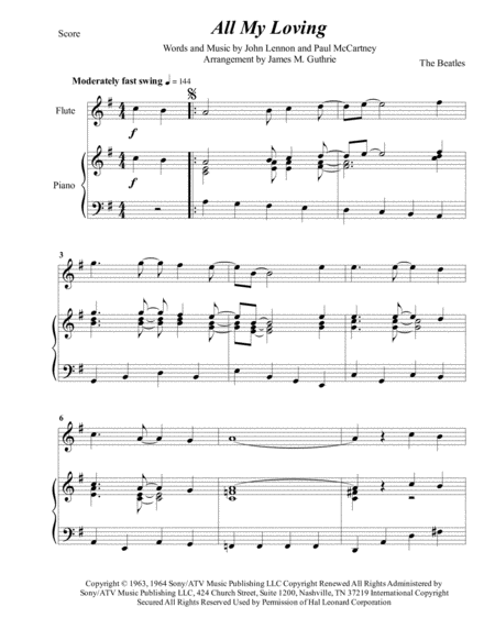 The Beatles All My Loving For Flute Piano Sheet Music