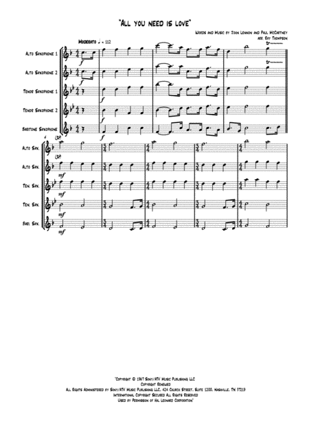 The Beatles All You Need Is Love Saxophone Quintet Sheet Music