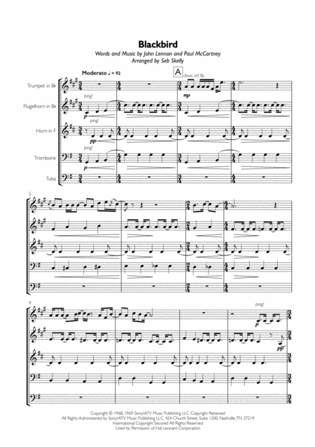 The Beatles Blackbird For Brass Quintet Sheet Music