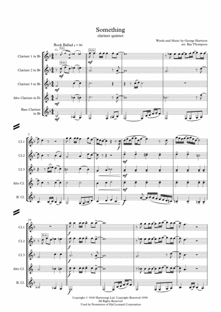 The Beatles Something In The Way She Moves By George Harrison Clarinet Quintet Sheet Music