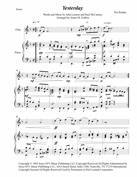 Free Sheet Music The Beatles Yesterday For Flute Piano