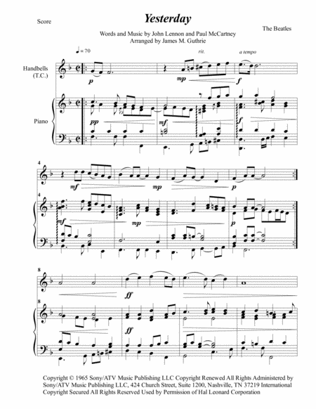 Free Sheet Music The Beatles Yesterday For Handbells Piano