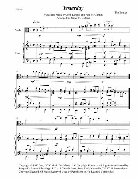 Free Sheet Music The Beatles Yesterday For Viola Piano