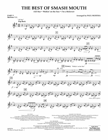 The Best Of Smash Mouth Arr Paul Murtha Pt 5 Baritonet C Sheet Music