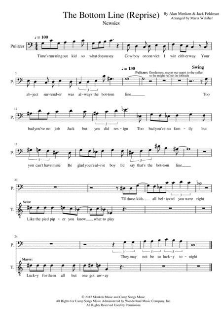 The Bottom Line Reprise Newsies Vocals Sheet Music