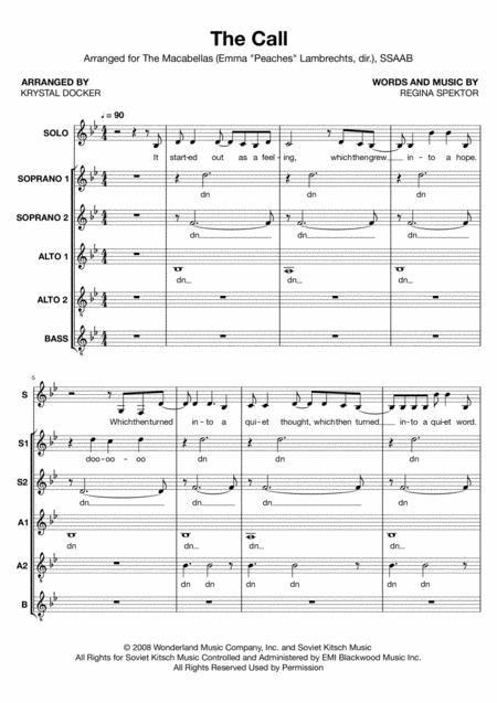 The Call By Regina Spektor Arranged For Ssaab A Cappella Sheet Music