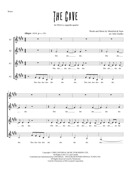 The Cave Mumford Sons For Ssaa A Cappella Quartet Sheet Music