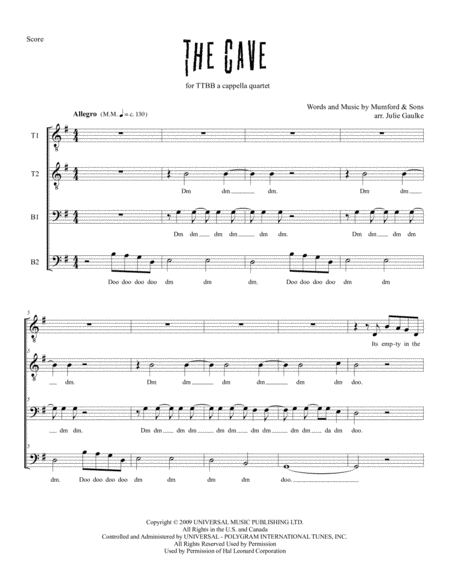 The Cave Mumford Sons For Ttbb A Cappella Quartet Sheet Music