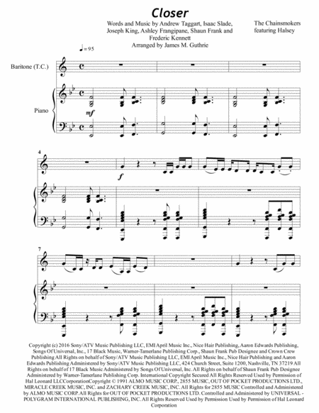 The Chainsmokers Closer For Baritone Horn Piano Sheet Music