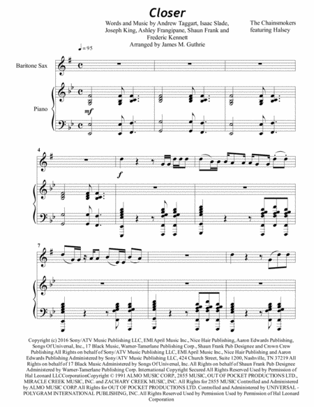 Free Sheet Music The Chainsmokers Closer For Baritone Sax Piano