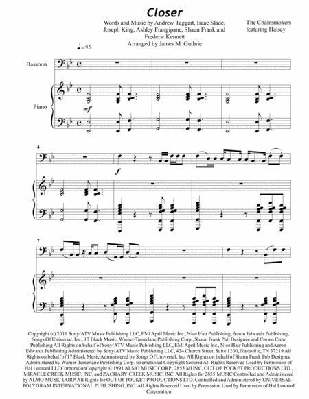 The Chainsmokers Closer For Bassoon Piano Sheet Music