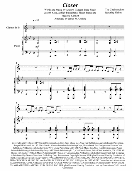 The Chainsmokers Closer For Clarinet Piano Sheet Music