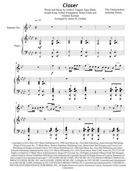 The Chainsmokers Closer For Soprano Sax Piano Sheet Music