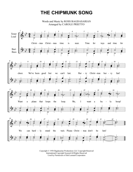 The Chipmunk Song Choral Pricing Sheet Music