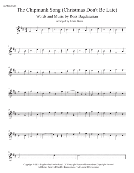 The Chipmunk Song Christmas Dont Be Late Bari Sax Sheet Music