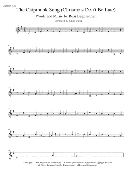 The Chipmunk Song Christmas Dont Be Late Clarinet Sheet Music