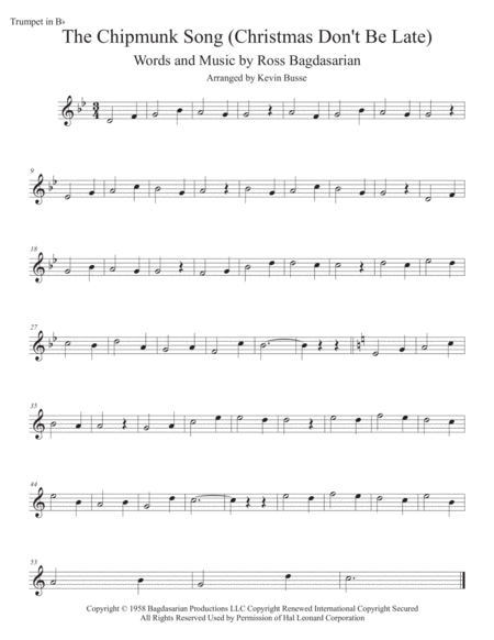 The Chipmunk Song Christmas Dont Be Late Original Key Trumpet Sheet Music