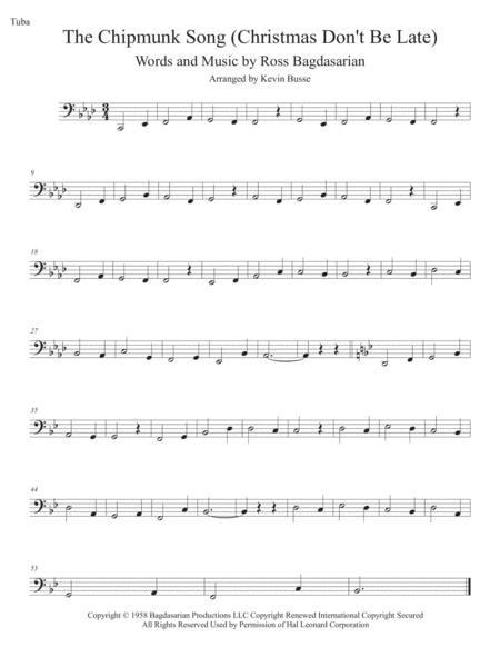 The Chipmunk Song Christmas Dont Be Late Original Key Tuba Sheet Music