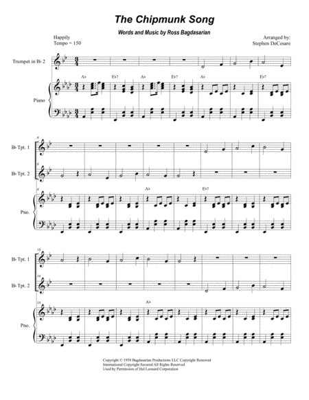 Free Sheet Music The Chipmunk Song Duet For Bb Trumpet