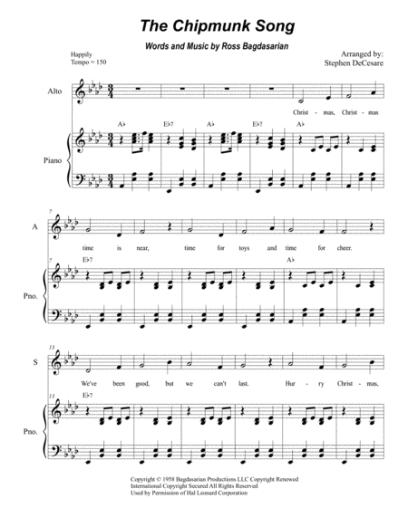 The Chipmunk Song Duet For Soprano And Alto Solo Sheet Music