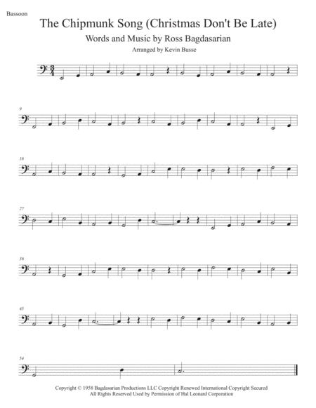 The Chipmunk Song Easy Key Of C Bassoon Sheet Music