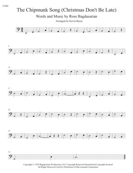 The Chipmunk Song Easy Key Of C Cello Sheet Music