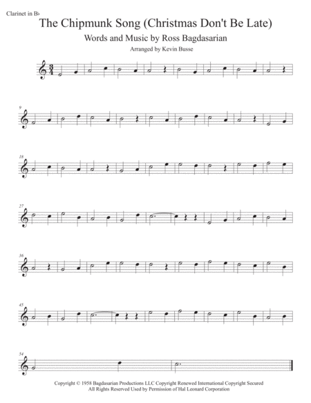 Free Sheet Music The Chipmunk Song Easy Key Of C Clarinet