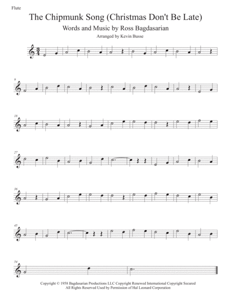 The Chipmunk Song Easy Key Of C Flute Sheet Music