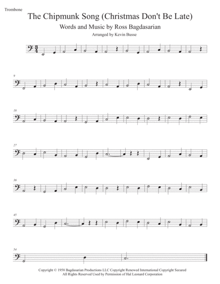 The Chipmunk Song Easy Key Of C Trombone Sheet Music