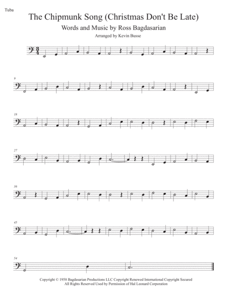 The Chipmunk Song Easy Key Of C Tuba Sheet Music