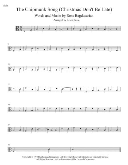 Free Sheet Music The Chipmunk Song Easy Key Of C Viola