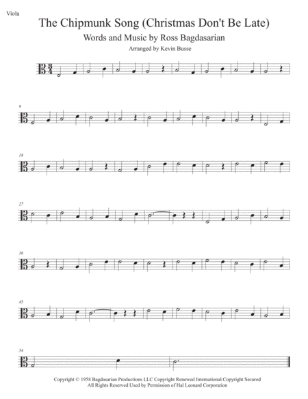 The Chipmunk Song Easy Key Of C Viola Sheet Music