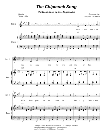 Free Sheet Music The Chipmunk Song For 2 Part Choir