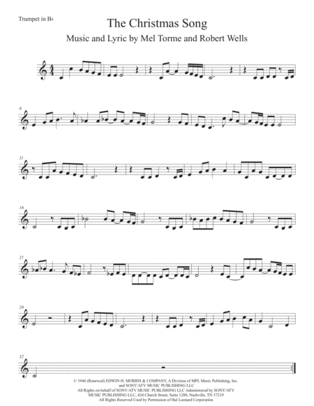 The Christmas Song Chestnuts Roasting On An Open Fire Easy Key Of C Trumpet Sheet Music