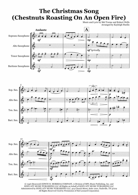 Free Sheet Music The Christmas Song Chestnuts Roasting On An Open Fire Saxophone Quartet Satb