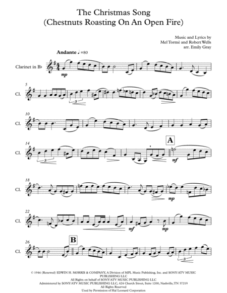 The Christmas Song Chestnuts Roasting On An Open Fire Solo Clarinet Sheet Music