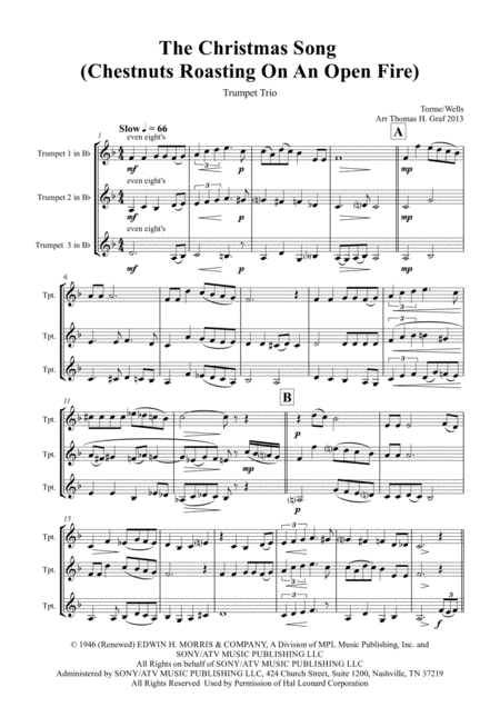 The Christmas Song Chestnuts Roasting On An Open Fire Trumpet Trio Sheet Music