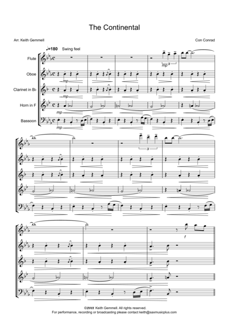 The Continental For Wind Quintet Sheet Music