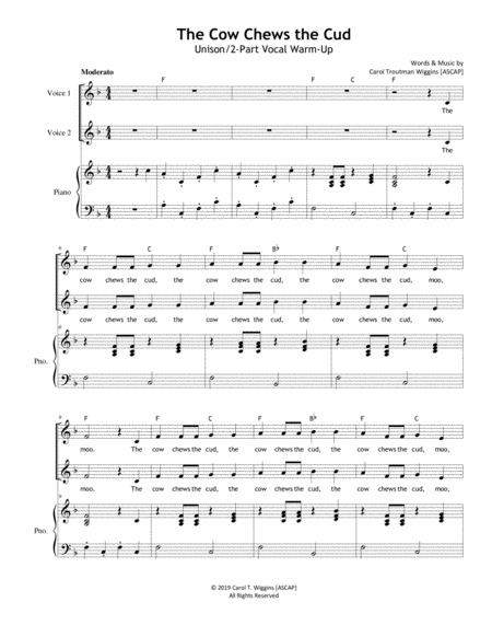 Free Sheet Music The Cow Chews The Cud Vocal Warm Up Unison 2 Part