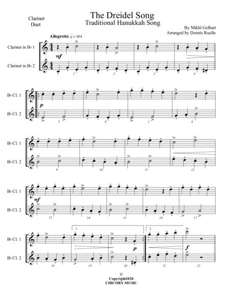 Free Sheet Music The Dreidel Song Clarinet Duet Intermediate