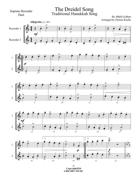 The Dreidel Song Soprano Recorder Duet Intermediate Sheet Music