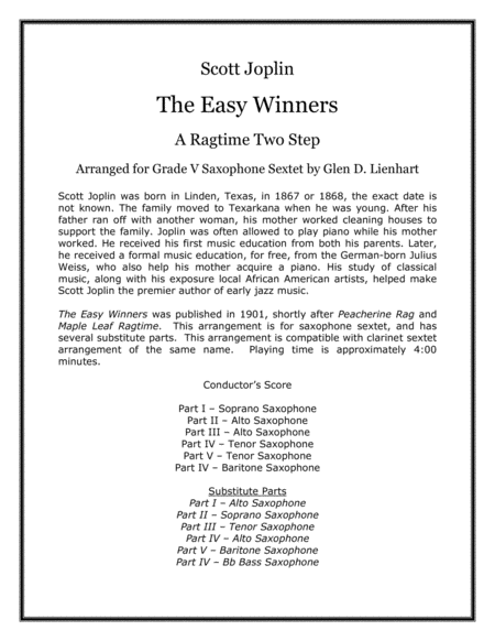 The Easy Winners A Ragtime Two Step Saxophones Sheet Music