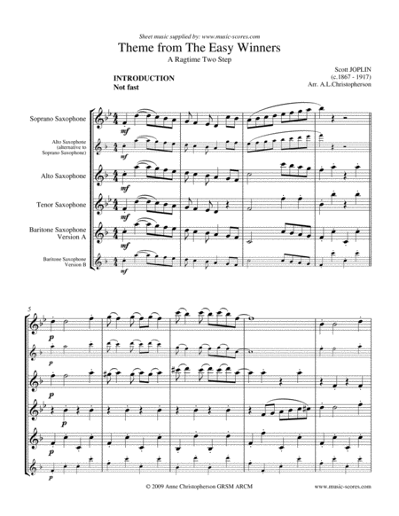 The Easy Winners Theme Sax Quartet Sheet Music